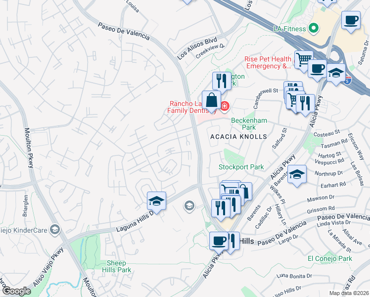 map of restaurants, bars, coffee shops, grocery stores, and more near in Laguna Woods