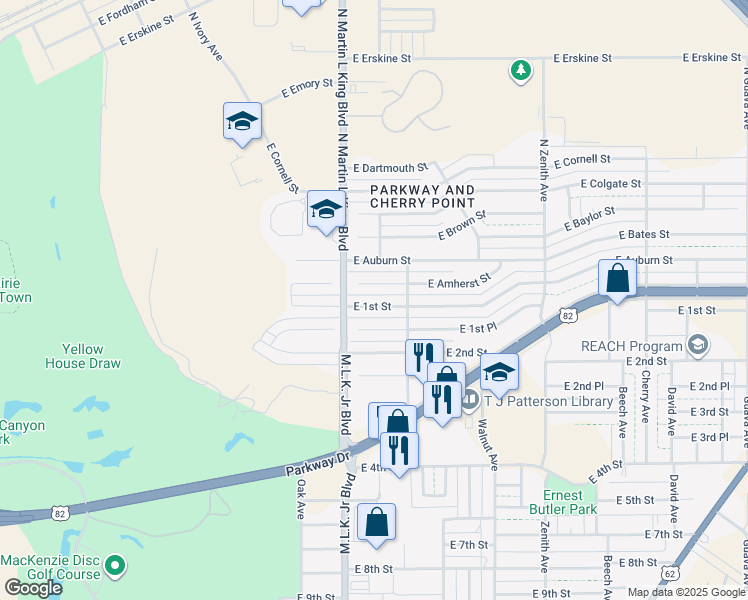 map of restaurants, bars, coffee shops, grocery stores, and more near 1712 East Amherst Street in Lubbock