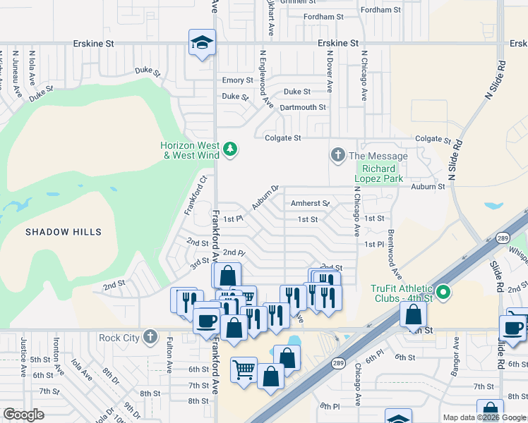 map of restaurants, bars, coffee shops, grocery stores, and more near 5715 1st Street in Lubbock