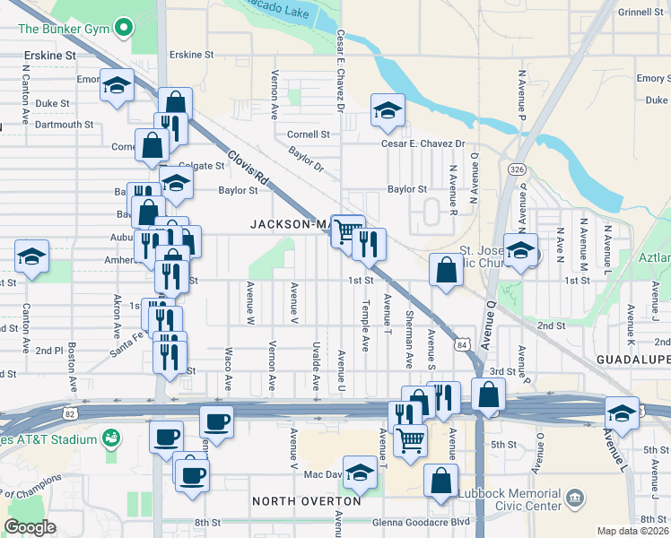 map of restaurants, bars, coffee shops, grocery stores, and more near 107 North Avenue U in Lubbock