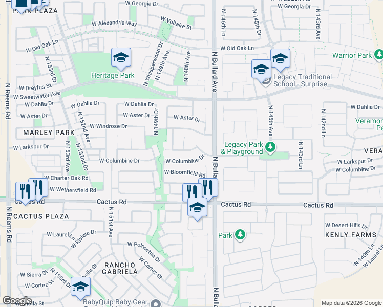 map of restaurants, bars, coffee shops, grocery stores, and more near 14789 West Larkspur Drive in Surprise