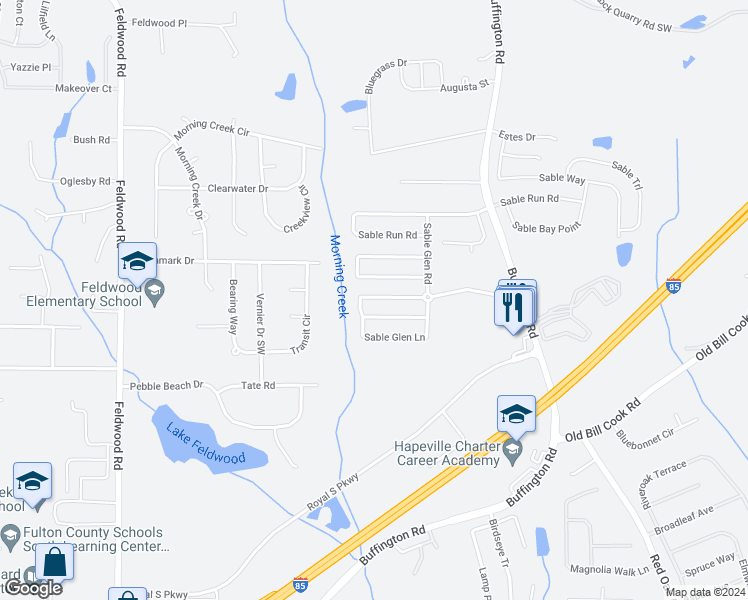 map of restaurants, bars, coffee shops, grocery stores, and more near 3436 Sable Chase Lane in Atlanta
