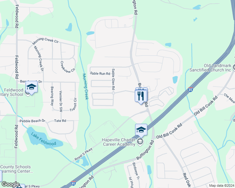 map of restaurants, bars, coffee shops, grocery stores, and more near 3396 Sable Chase Lane in Atlanta