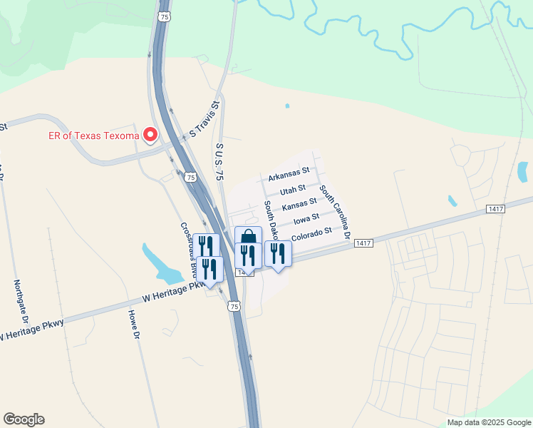 map of restaurants, bars, coffee shops, grocery stores, and more near 3410 South Dakota Drive in Sherman
