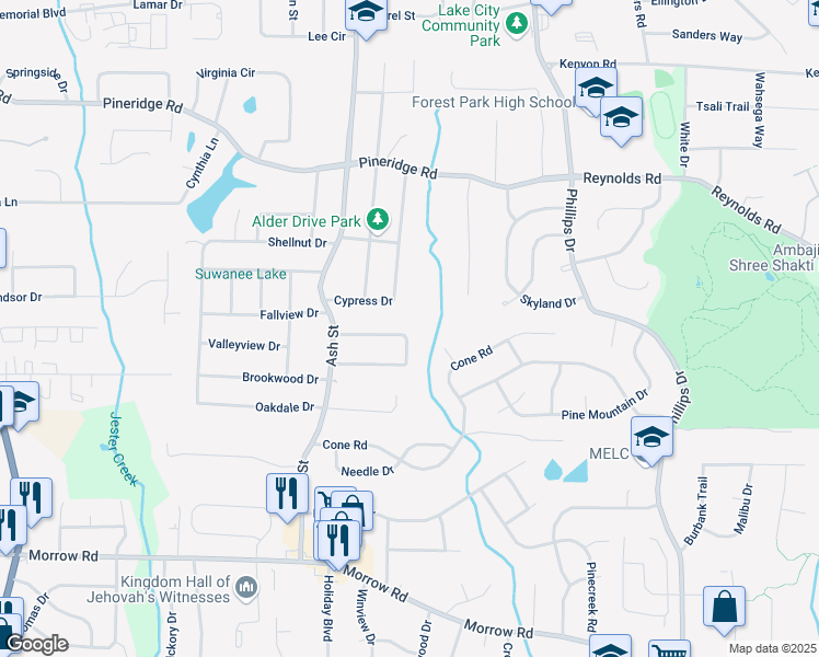map of restaurants, bars, coffee shops, grocery stores, and more near 878 Sherwood Circle in Forest Park