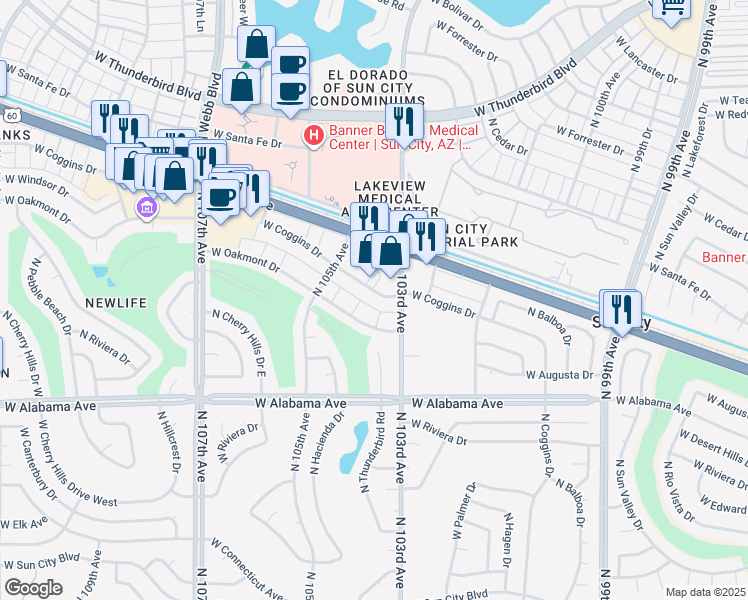 map of restaurants, bars, coffee shops, grocery stores, and more near 10323 West Coggins Drive in Sun City