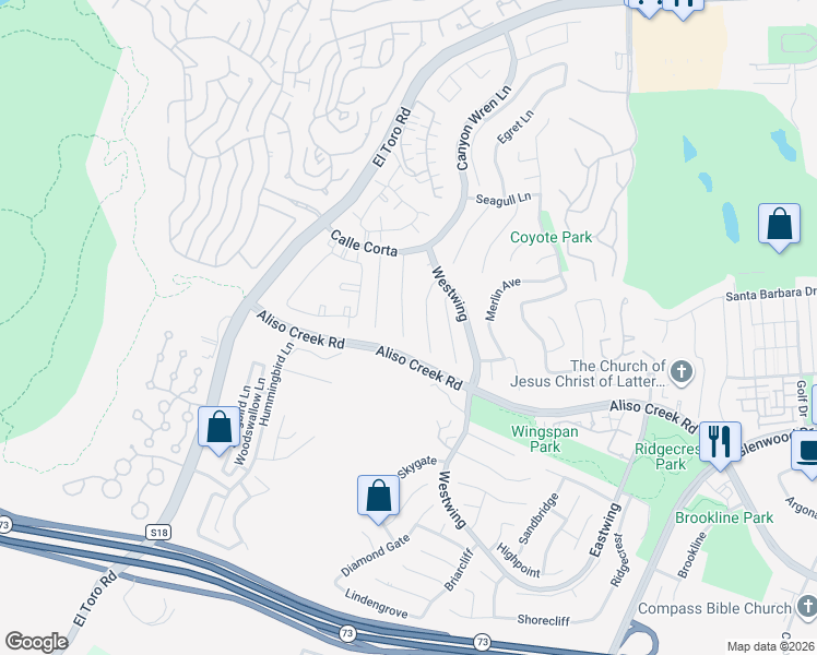 map of restaurants, bars, coffee shops, grocery stores, and more near 36 Chickadee Lane in Aliso Viejo