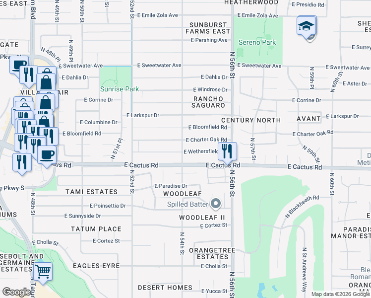 map of restaurants, bars, coffee shops, grocery stores, and more near 5402 East Wethersfield Road in Scottsdale