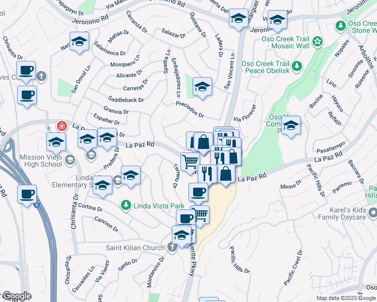 map of restaurants, bars, coffee shops, grocery stores, and more near 26932 Floresta Lane in Mission Viejo