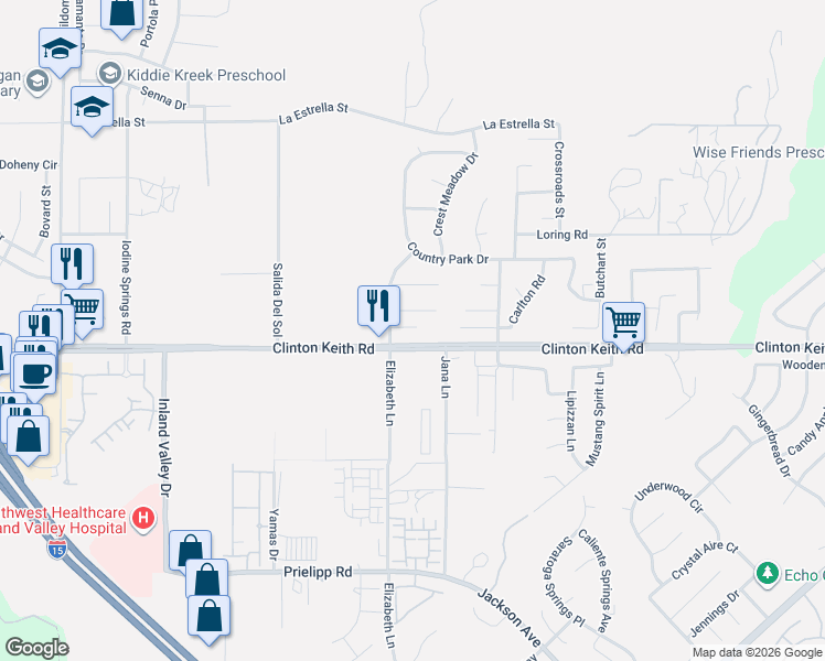 map of restaurants, bars, coffee shops, grocery stores, and more near 24799 Benetta Court in Wildomar