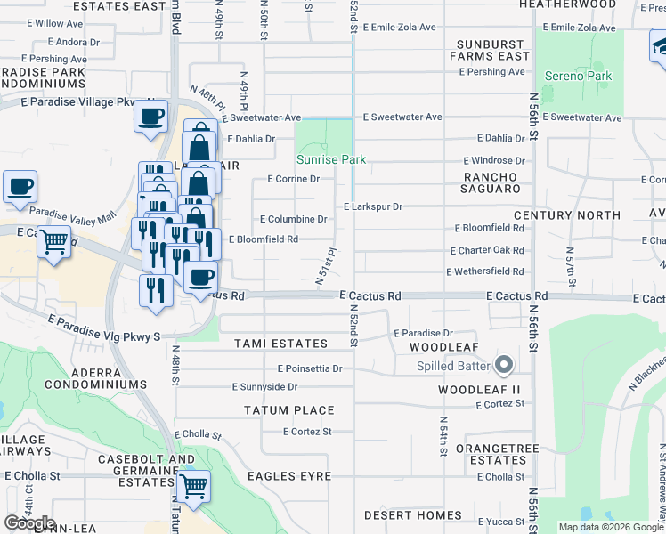 map of restaurants, bars, coffee shops, grocery stores, and more near 5116 East Wethersfield Road in Scottsdale