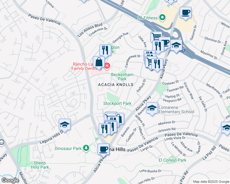 map of restaurants, bars, coffee shops, grocery stores, and more near 25091 Acacia Lane in Laguna Hills