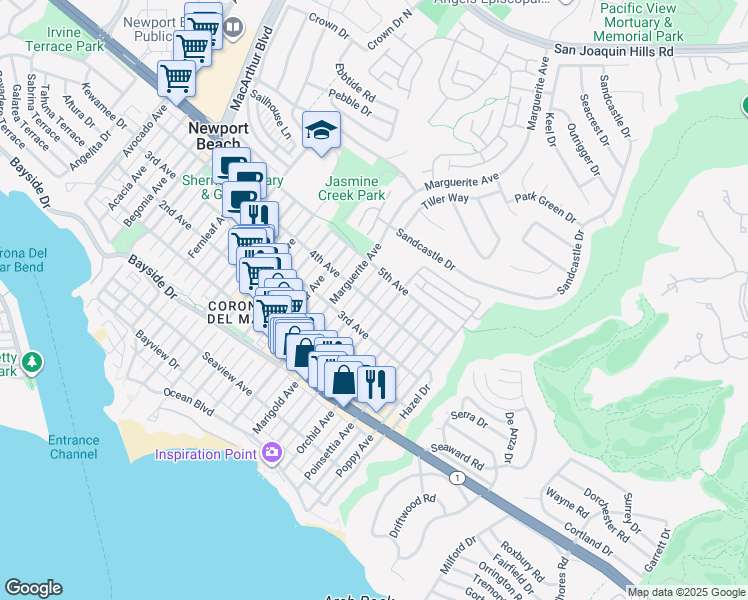 map of restaurants, bars, coffee shops, grocery stores, and more near 704 1/2 Marigold Avenue in Newport Beach