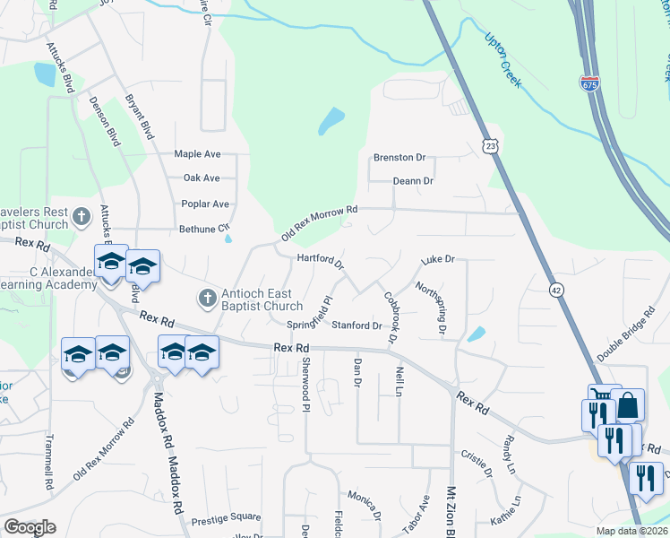 map of restaurants, bars, coffee shops, grocery stores, and more near 2521 Hartford Drive in Ellenwood