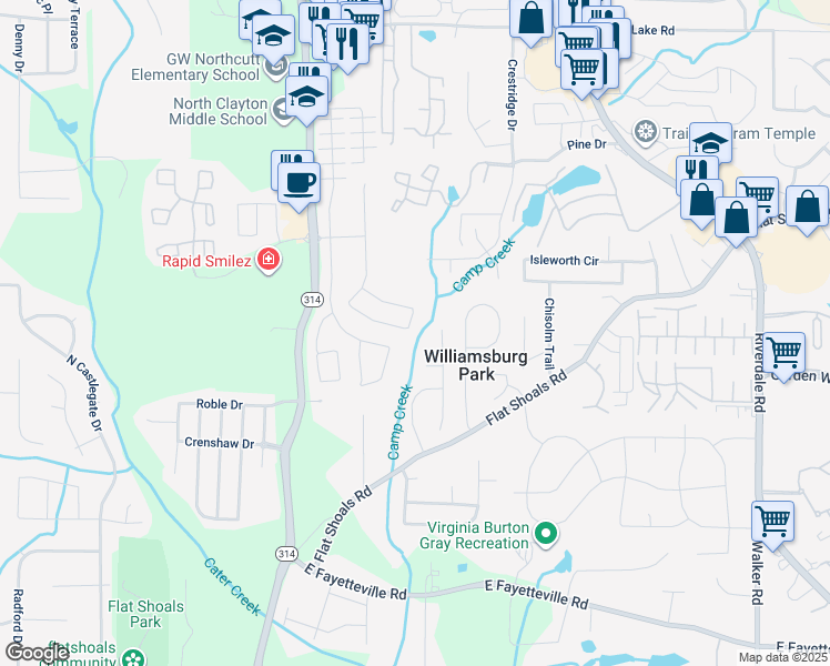 map of restaurants, bars, coffee shops, grocery stores, and more near 5809 Savannah River Road in Atlanta