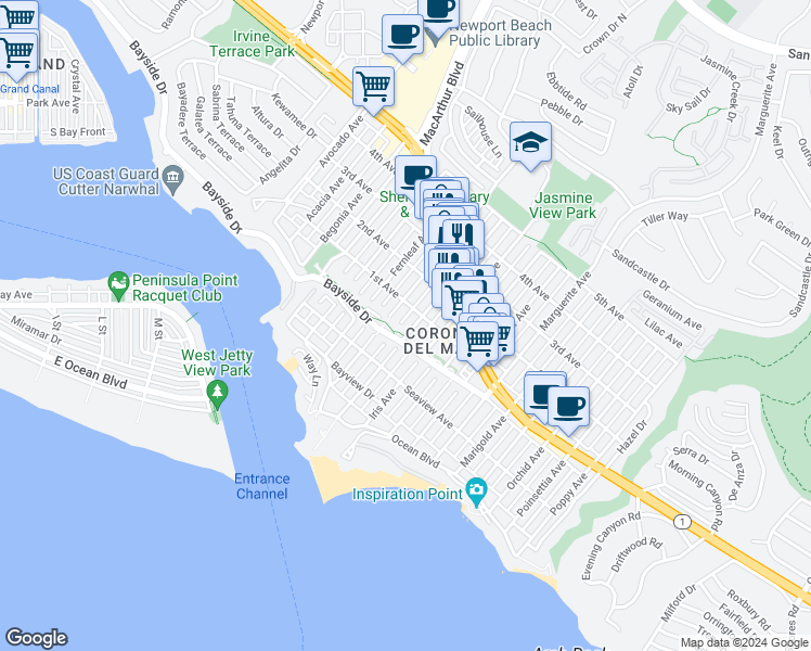 map of restaurants, bars, coffee shops, grocery stores, and more near 405 Heliotrope Avenue in Newport Beach