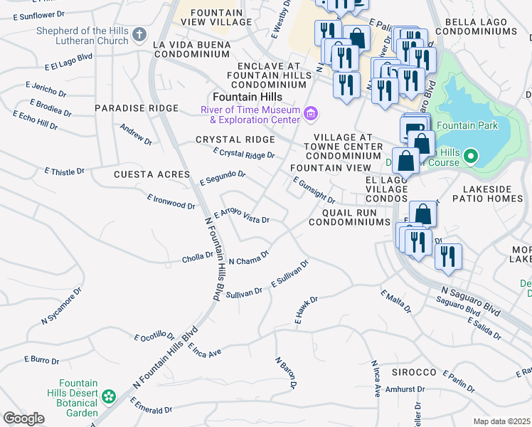 map of restaurants, bars, coffee shops, grocery stores, and more near 16504 East Arroyo Vista Drive in Fountain Hills