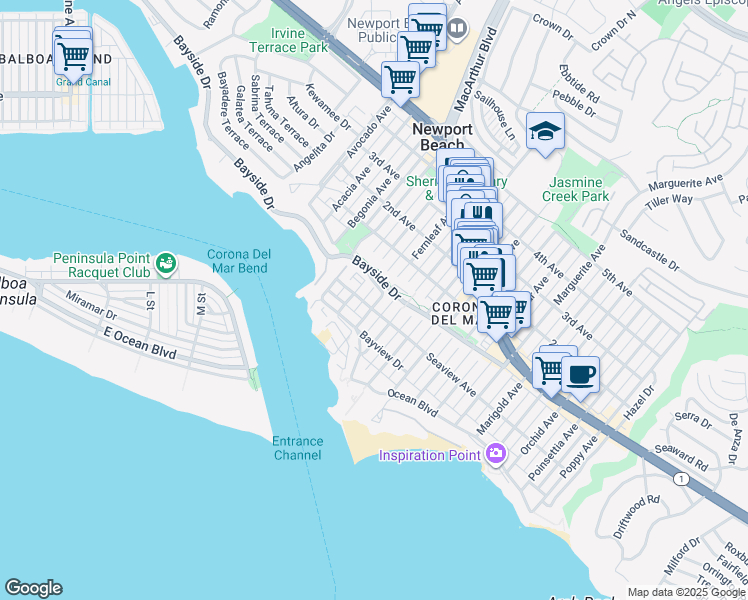 map of restaurants, bars, coffee shops, grocery stores, and more near 305 Fernleaf Avenue in Newport Beach