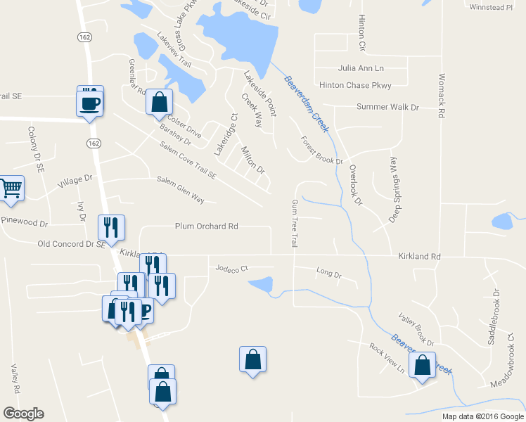 map of restaurants, bars, coffee shops, grocery stores, and more near 3456 Salem Cove Trail in Conyers