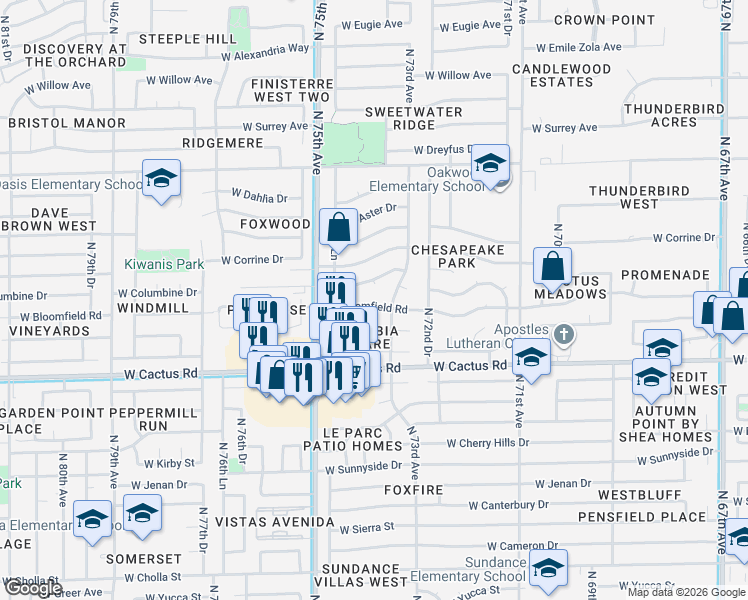 map of restaurants, bars, coffee shops, grocery stores, and more near 7339 West Columbine Drive in Peoria