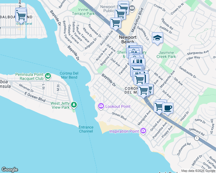 map of restaurants, bars, coffee shops, grocery stores, and more near Fernleaf Avenue in Newport Beach