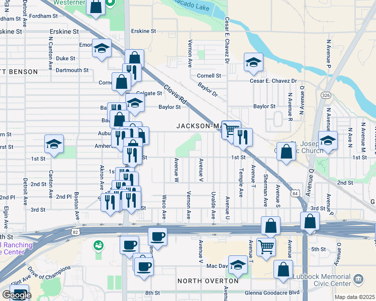 map of restaurants, bars, coffee shops, grocery stores, and more near 198 North Vernon Avenue in Lubbock