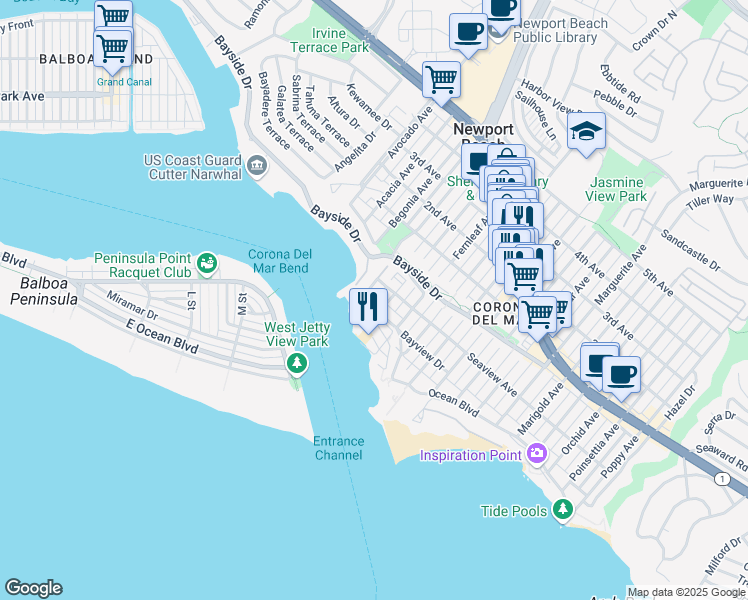 map of restaurants, bars, coffee shops, grocery stores, and more near 2512 Ocean Boulevard in Newport Beach