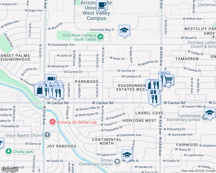 map of restaurants, bars, coffee shops, grocery stores, and more near 4621 West Columbine Drive in Glendale
