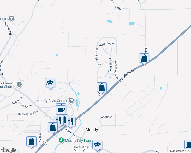 map of restaurants, bars, coffee shops, grocery stores, and more near 1077 Avalon Drive in Moody