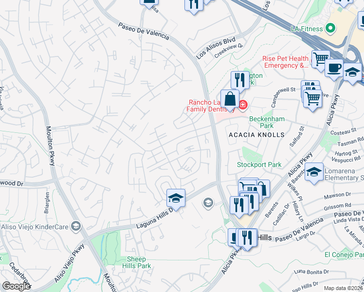 map of restaurants, bars, coffee shops, grocery stores, and more near 682 Via Alhambra in Laguna Woods