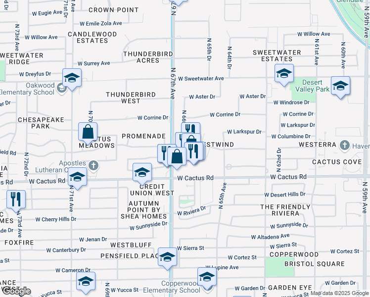 map of restaurants, bars, coffee shops, grocery stores, and more near 6625 West Bloomfield Road in Glendale