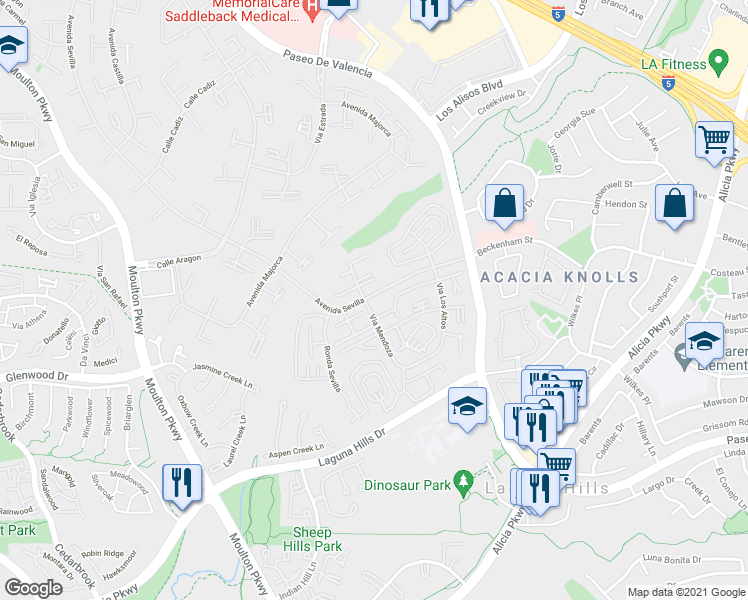 map of restaurants, bars, coffee shops, grocery stores, and more near 670 Via Mendoza in Laguna Woods