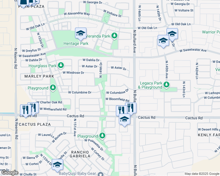 map of restaurants, bars, coffee shops, grocery stores, and more near 14869 West Larkspur Drive in Surprise
