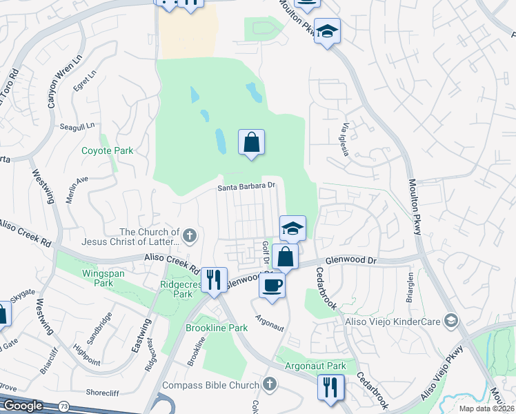 map of restaurants, bars, coffee shops, grocery stores, and more near 27 Old Mission Road in Aliso Viejo