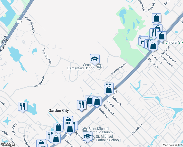 map of restaurants, bars, coffee shops, grocery stores, and more near 1605 Woodland Drive in Murrells Inlet
