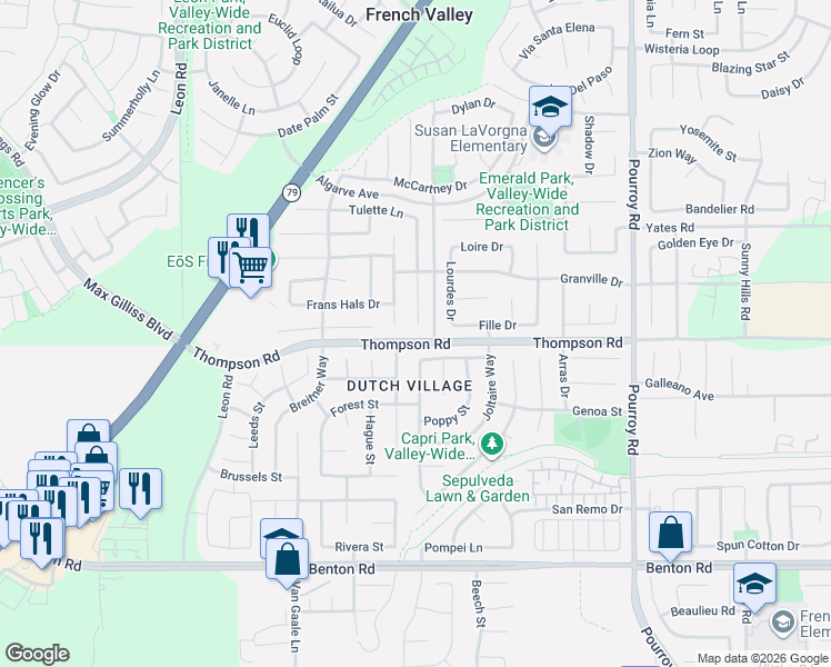 map of restaurants, bars, coffee shops, grocery stores, and more near 35999 Rhone Lane in Winchester