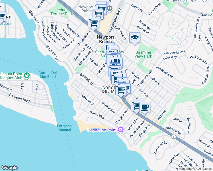map of restaurants, bars, coffee shops, grocery stores, and more near 412 Heliotrope Avenue in Newport Beach