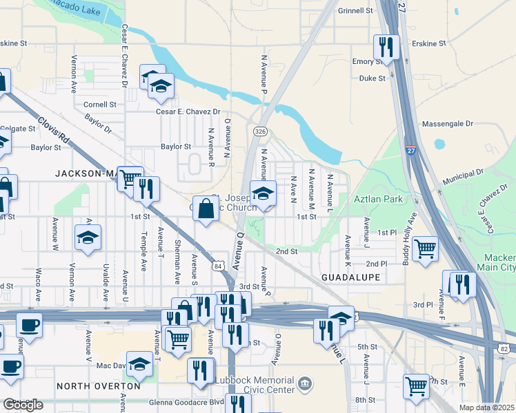 map of restaurants, bars, coffee shops, grocery stores, and more near 101 North Avenue P in Lubbock