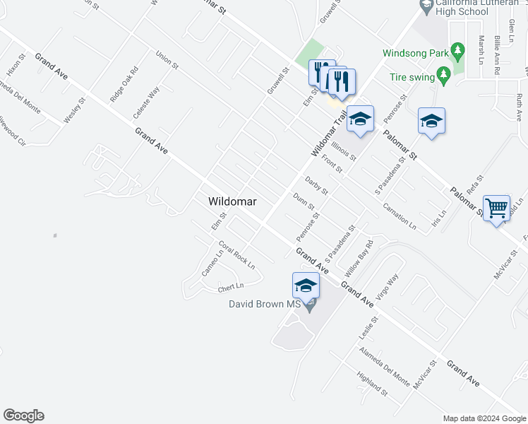 map of restaurants, bars, coffee shops, grocery stores, and more near 21457 Pecan Street in Wildomar