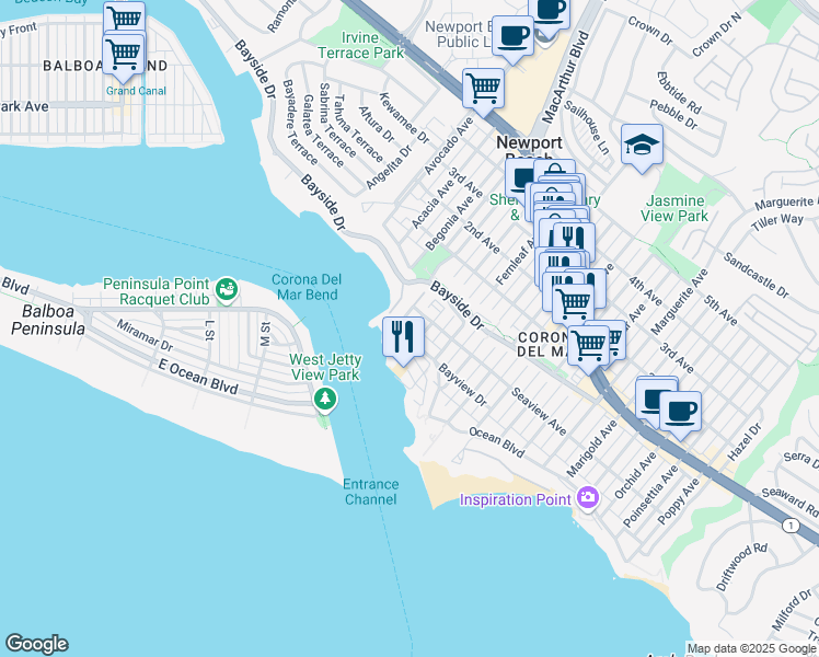 map of restaurants, bars, coffee shops, grocery stores, and more near 2512 Ocean Boulevard in Newport Beach