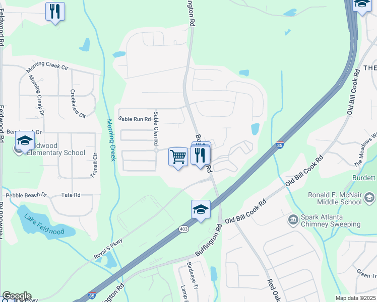 map of restaurants, bars, coffee shops, grocery stores, and more near 3362 Sable Chase Lane in Atlanta