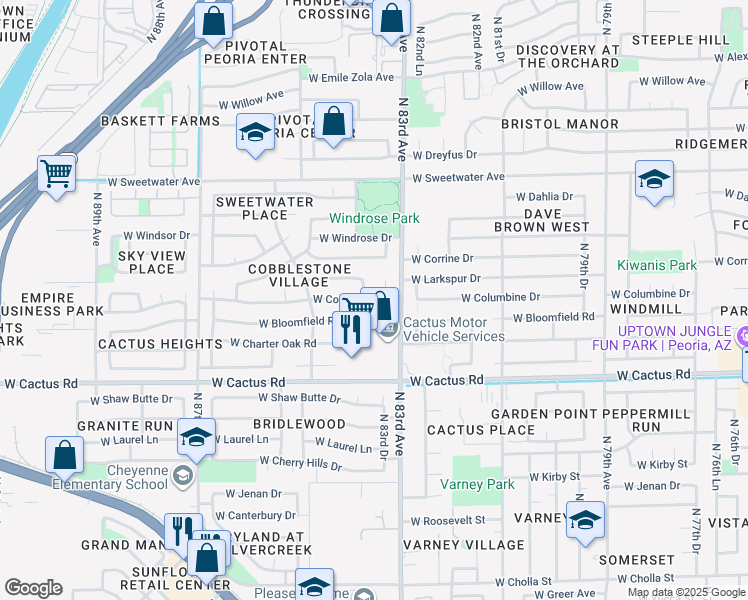 map of restaurants, bars, coffee shops, grocery stores, and more near 8329 West Columbine Drive in Peoria