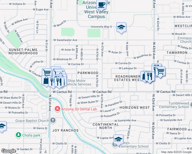 map of restaurants, bars, coffee shops, grocery stores, and more near 4726 West Bloomfield Road in Glendale