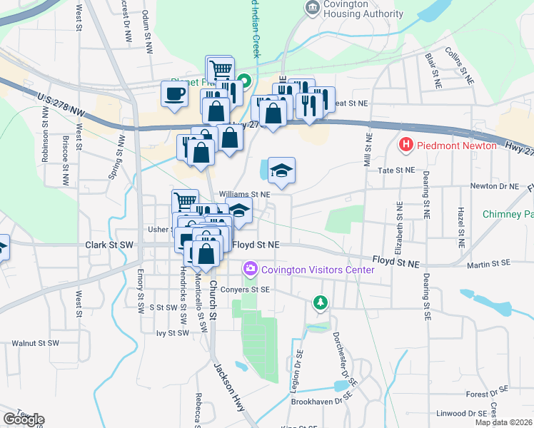 map of restaurants, bars, coffee shops, grocery stores, and more near 2159 East Saint Northeast in Covington