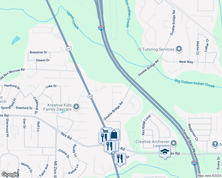map of restaurants, bars, coffee shops, grocery stores, and more near 5731 Star Flower Drive in Ellenwood