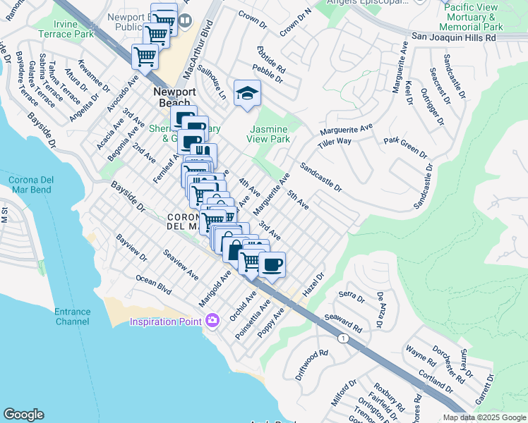 map of restaurants, bars, coffee shops, grocery stores, and more near 610 Marguerite Avenue in Newport Beach