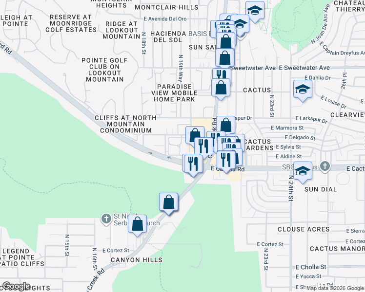 map of restaurants, bars, coffee shops, grocery stores, and more near 1835-1999 E Ronald Rd in Phoenix