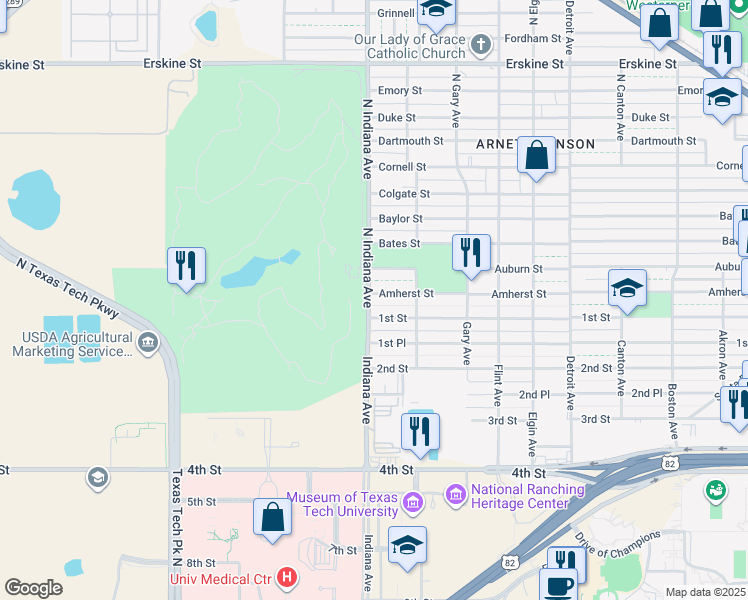 map of restaurants, bars, coffee shops, grocery stores, and more near 3321 Amherst Street in Lubbock