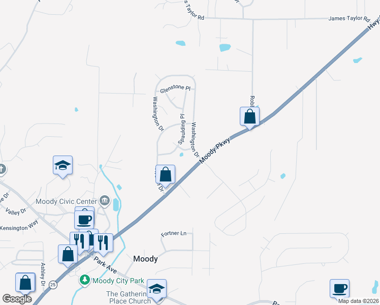 map of restaurants, bars, coffee shops, grocery stores, and more near 2103 Adkins Place in Moody