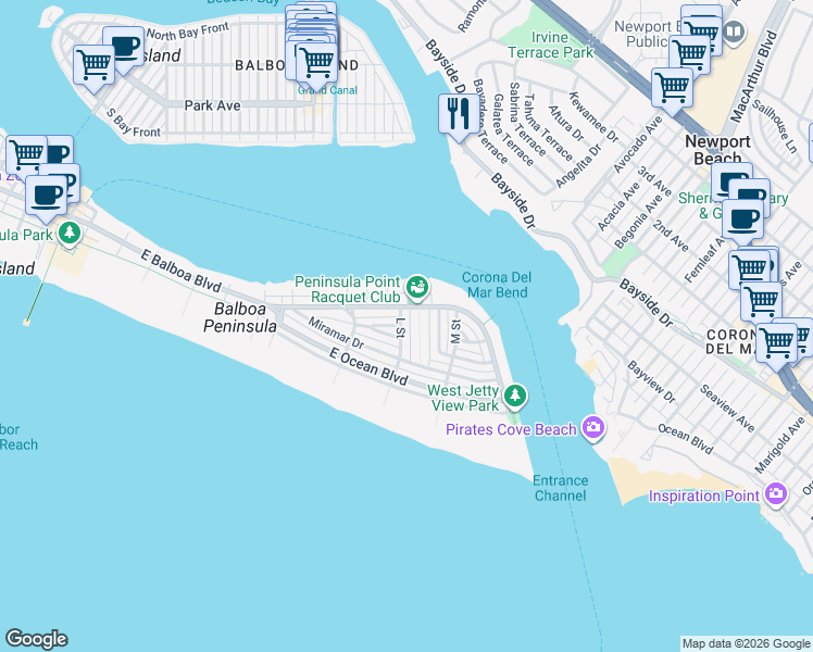 map of restaurants, bars, coffee shops, grocery stores, and more near 332 L Street in Newport Beach